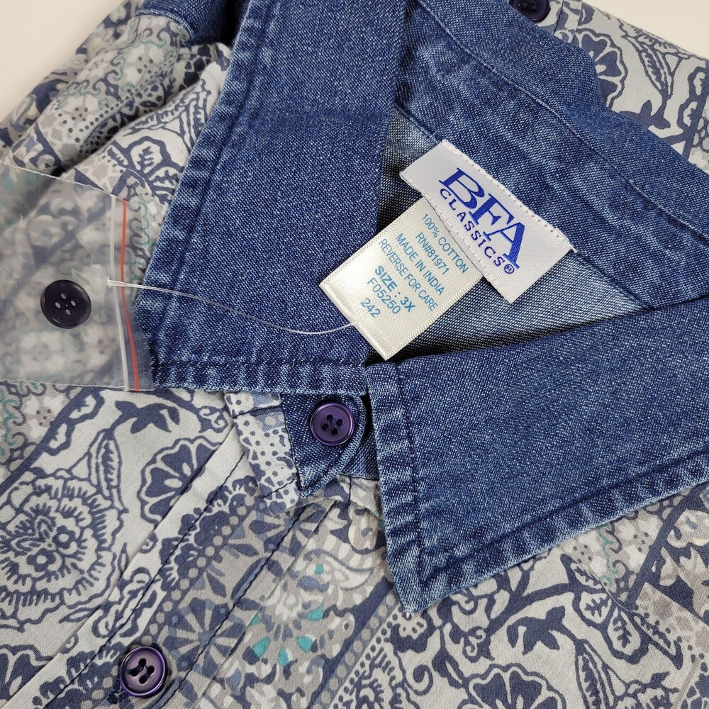 BFA Classics Shirt Womens 3XL Blue Patchwork Paisley Button Front Chambray Denim